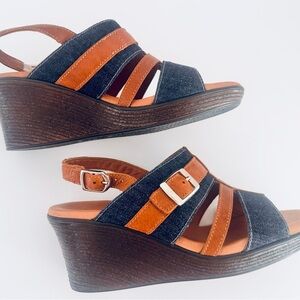 SAS Layla Brie Strappy Denim and Leather Wedge Sandal Shoe Women's Size 7 1/2 M
